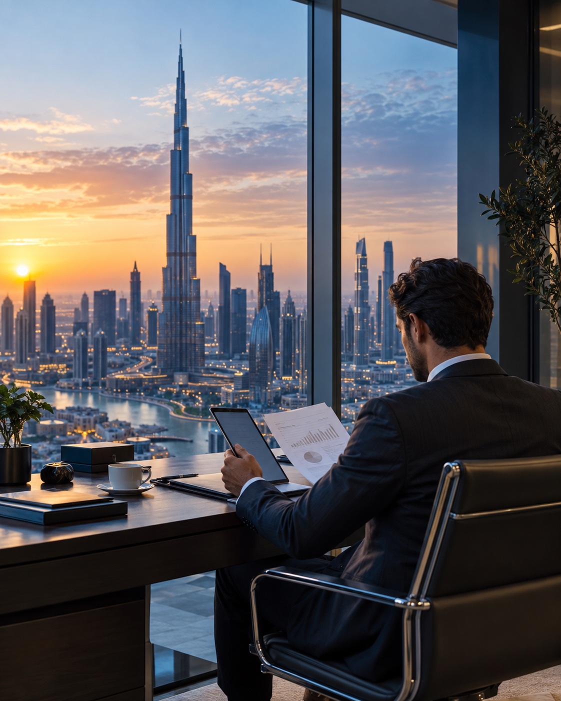 Business advisor overlooking the Dubai skyline