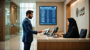 Businessman submitting documents to open a mainland UAE business bank account